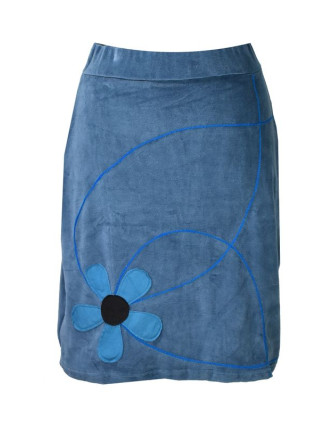 Krátká modrá sametová sukně, aplikace barevné květiny