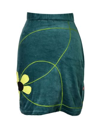 Krátká petrolejová sametová sukně, aplikace barevné květiny
