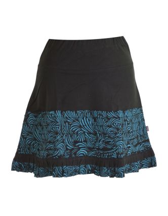 Krátká černo-tyrkysová sukně s volánky, elastický pas, potisk