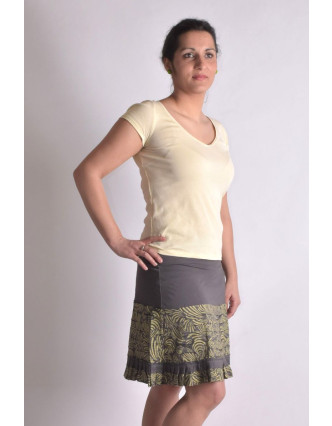 Krátká šedo-žlutá sukně s volánky, elastický pas, potisk