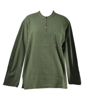 Khaki pánská košile-kurta s dlouhým rukávem a knoflíčky, měkčené provedení