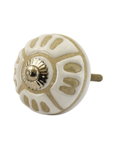 Malovaná porcelánová úchytka na šuplík, bílá, béžový květ