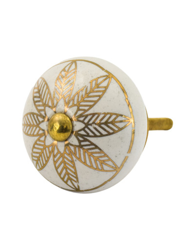 Malovaná porcelánová úchytka na šuplík, bílá, zlatý vzor
