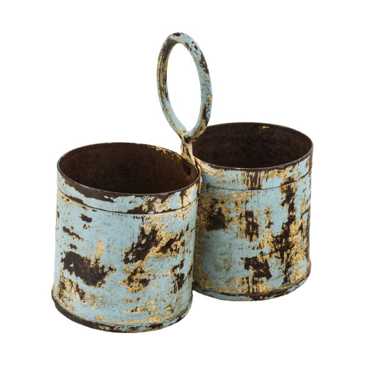Závěsný plechový květináč, dvojitý, světle modrá patina, 22x11x21cm