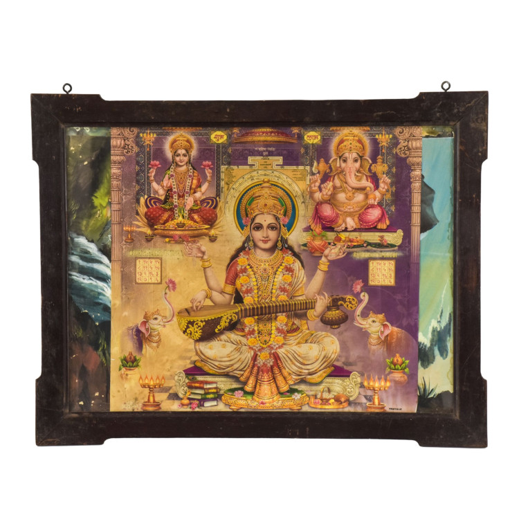 Lakšmí, Saraswatí, Ganéš, starý obraz v teakovém rámu, 70x55cm