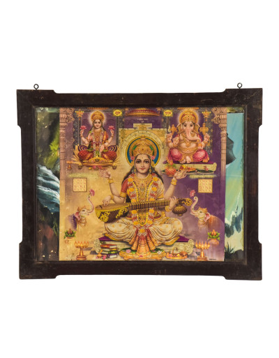Lakšmí, Saraswatí, Ganéš, starý obraz v teakovém rámu, 70x55cm