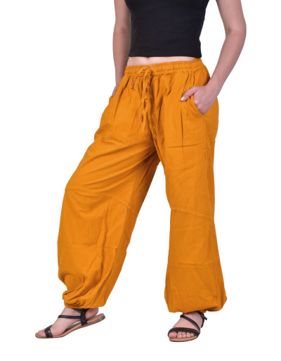 Unisex balonové kalhoty bavlněné hořčicově žluté, kapsy, guma a šňůrka v pase