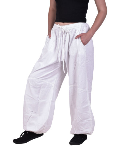 Unisex balonové kalhoty bavlněné, bílé, kapsy, guma a šňůrka v pase