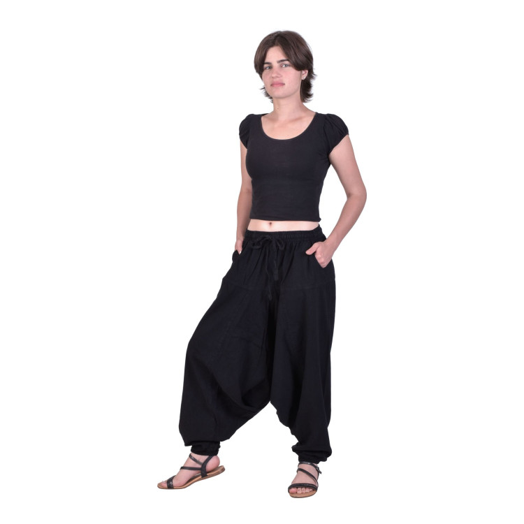 Turecké černé kalhoty, unisex, kapsy, šňůrka a guma v pase