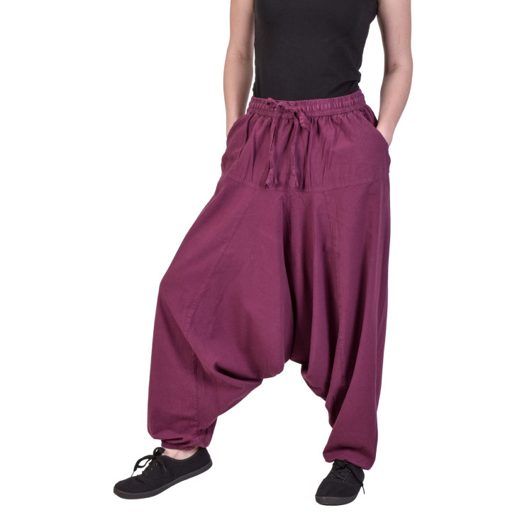 Turecké tmavě fialové kalhoty, unisex, kapsy, šňůrka a guma v pase