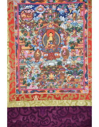 Tanka, život Buddhy, fialový brokát, 55x82cm