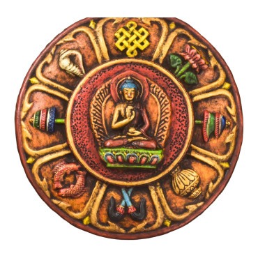 Dřevěný panel, Astamangal mandala, ručně malovaný, 36x5x36cm