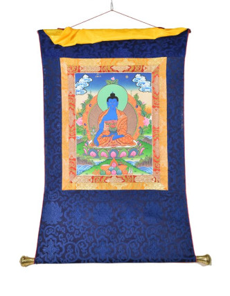 Tanka, Medicine Buddha, modrý brokát, 55x85cm