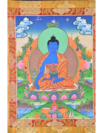 Tanka, Medicine Buddha, modrý brokát, 55x85cm