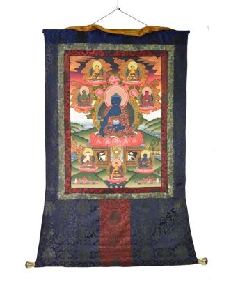 Tanka, Medicine Buddha, tmavě modrý brokát, 76x120cm