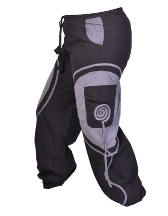 Unisex balonové kalhoty s aplikací spirály a kapsami, černo-šedé