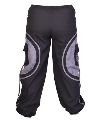 Unisex balonové kalhoty s aplikací spirály a kapsami, černo-šedé