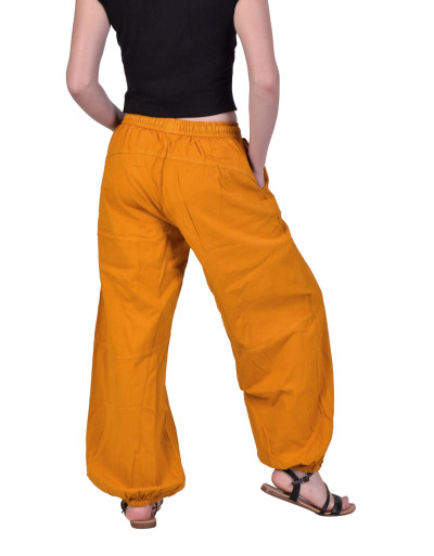 Unisex balonové kalhoty bavlněné hořčicově žluté, kapsy, guma a šňůrka v pase