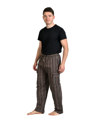 Hnědé pruhované unisex kalhoty s kapsami, elastický pas