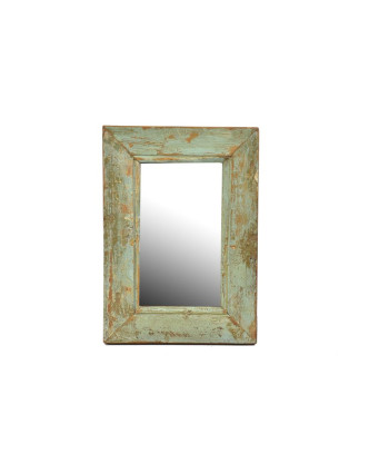 Zrcadlo v rámu z teakového dřeva, tyrkysová patina, 22x31x3cm