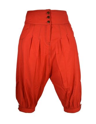 Červené tříčtvrteční turecké kalhoty s černým prošíváním, zip a knoflíky, kaps