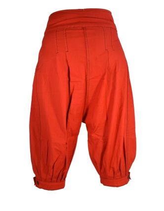 Červené tříčtvrteční turecké kalhoty s černým prošíváním, zip a knoflíky, kaps