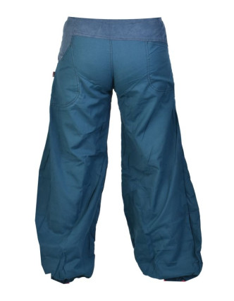Dlouhé petrolejové balonové kalhoty s manžestrem, zip a knoflíky, výšivka, kapsy