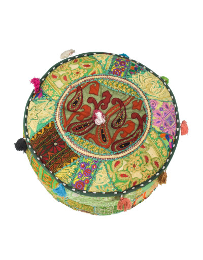 Taburet z Rajasthanu s bohatou Ari výšivkou, průměr 49cm výška 36cm patchwork