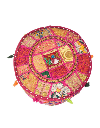 Taburet z Rajasthanu s bohatou Ari výšivkou, průměr 49cm výška 36cm patchwork