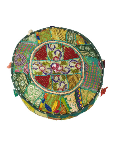 Taburet z Rajasthanu s bohatou Ari výšivkou, průměr 49cm výška 36cm patchwork