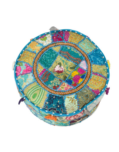 Taburet z Rajasthanu s bohatou Ari výšivkou, průměr 49cm výška 36cm patchwork