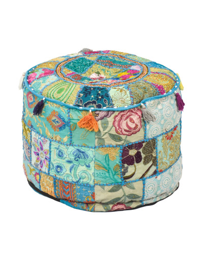Taburet z Rajasthanu s bohatou Ari výšivkou, průměr 49cm výška 36cm patchwork