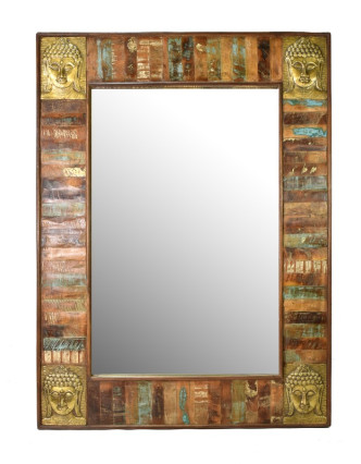 Zrcadlo v rámu, antik teak, kování hlavy Buddhy, 90x120x5cm