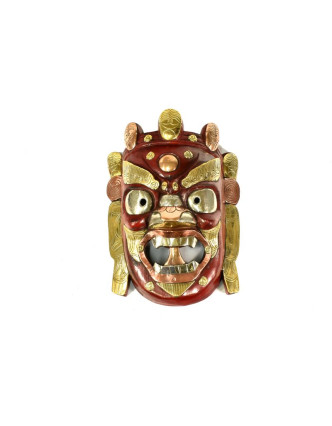 Dřevěná maska, Bhairab, červený zdobený mosazí a mědí 21x30cm