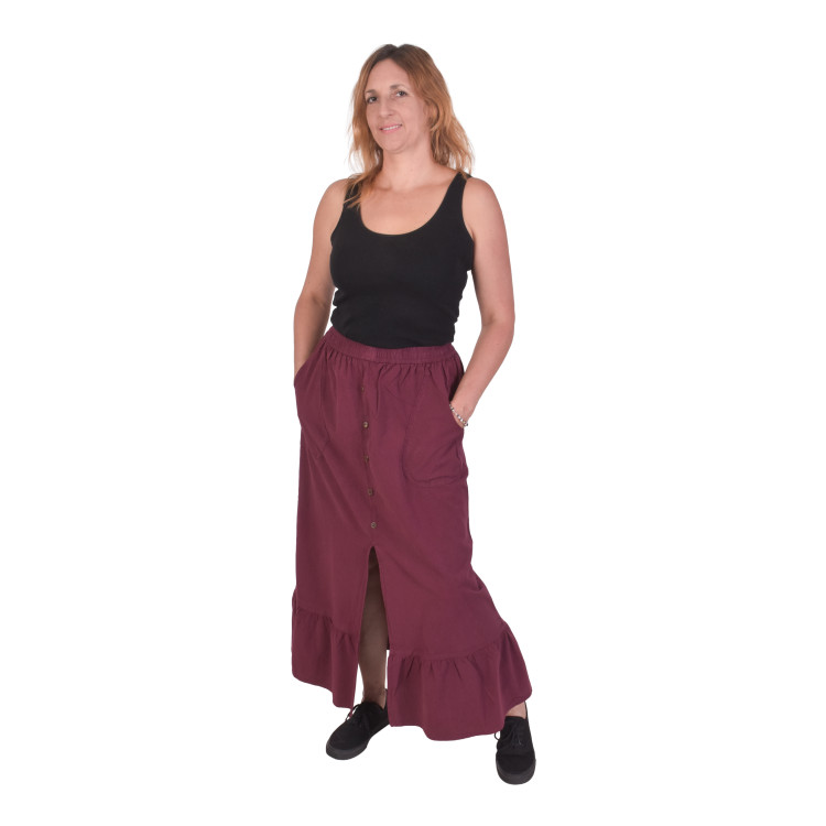 Dlouhá vínová sukně, 5 knoflíků, rozparek, guma v pase