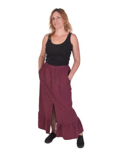 Dlouhá vínová sukně, 5 knoflíků, rozparek, guma v pase