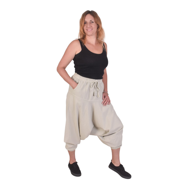 Turecké světle šedé kalhoty, unisex, kapsy, šňůrka a guma v pase