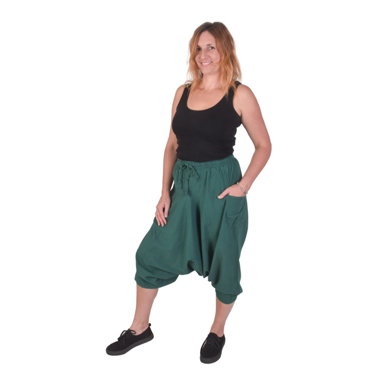 Turecké zelené kalhoty, unisex, kapsy, šňůrka a guma v pase