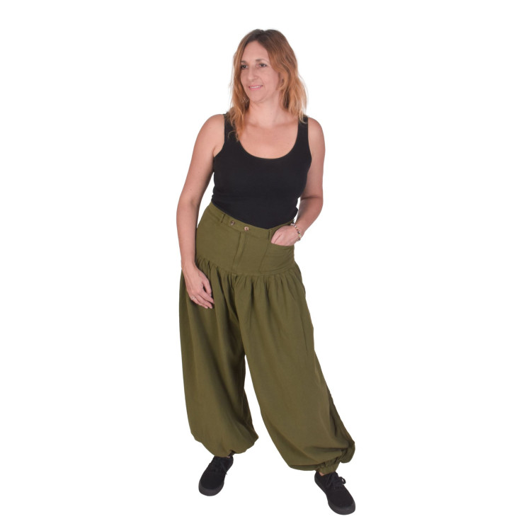 Turecké kalhoty, zapínání na knoflíky, khaki