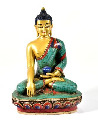 Soška Buddhy Shakjamuniho, pozlacená a zdobená polodrahokamy, 20cm