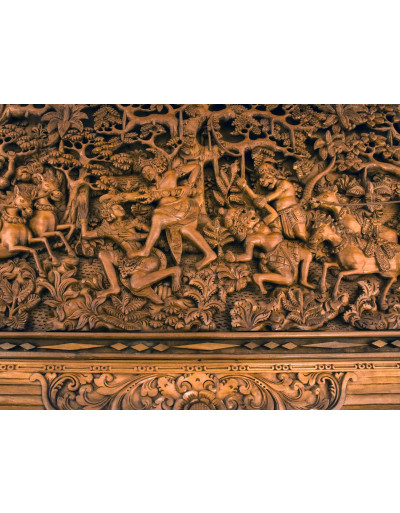 Dřevěný panel, výjev z Ramajány, 230x5x85cm