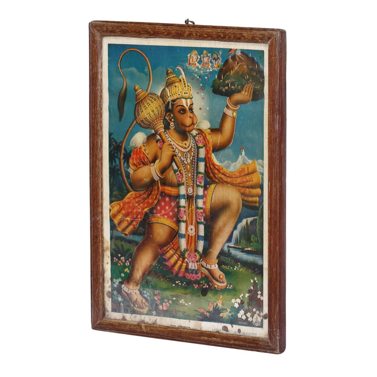 Hanuman, starý obraz v teakovém rámu, 27x38cm