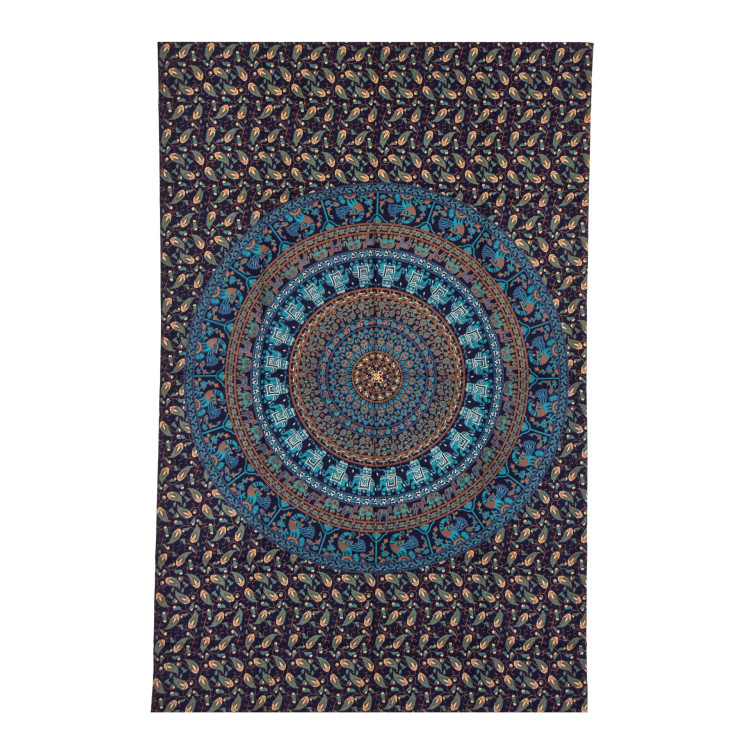 Přehoz na postel, modro-zelený, Mandala, sloni a pávy 200x130cm