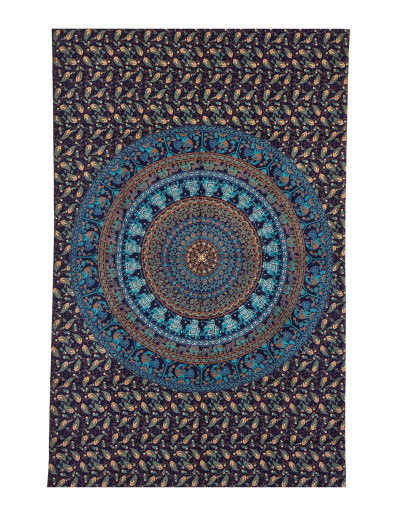 Přehoz na postel, modro-zelený, Mandala, sloni a pávy 200x130cm