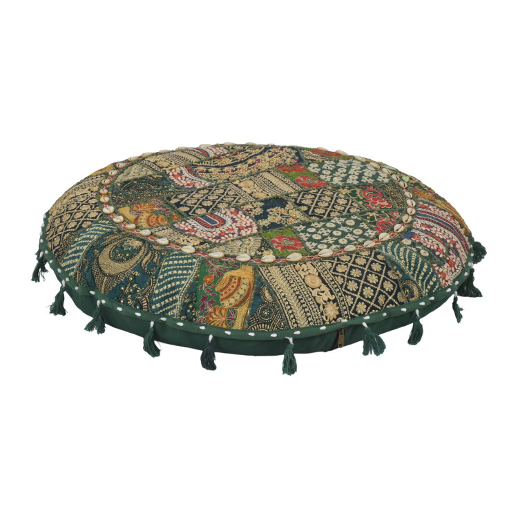 Meditační polštář, ručně vyšívaný patchwork, s mušličkami, průměr 70cm
