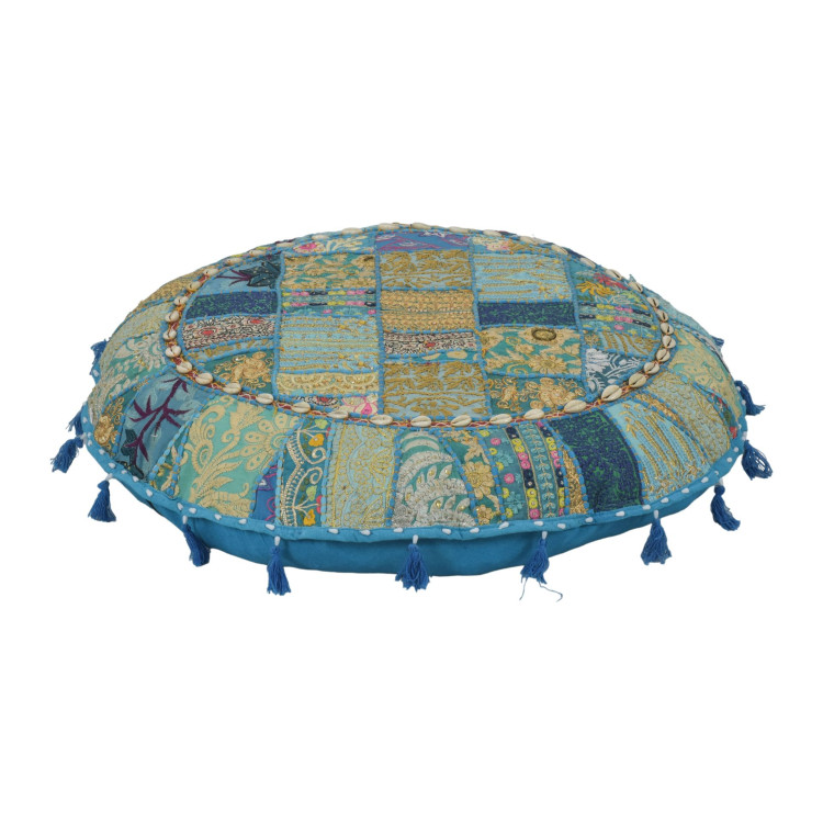 Meditační polštář, ručně vyšívaný patchwork, s mušličkami, průměr 70cm