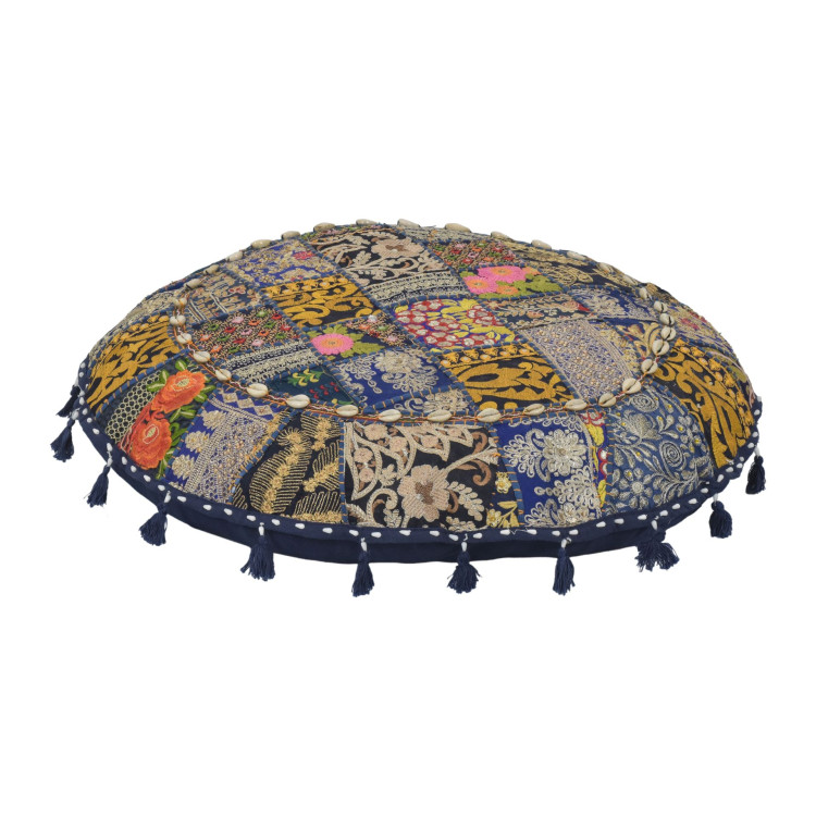 Meditační polštář, ručně vyšívaný patchwork, s mušličkami, průměr 70cm
