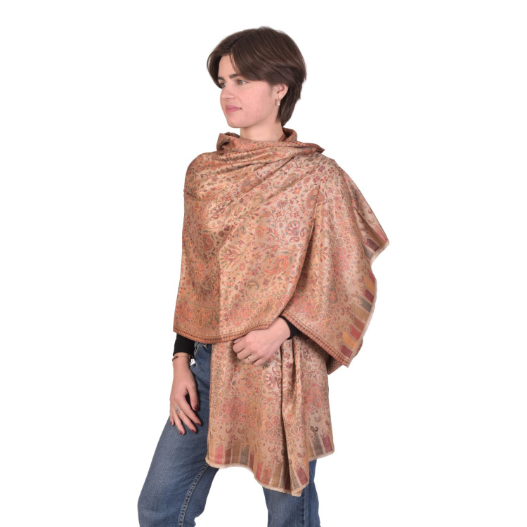 Velká šála s květinovým a paisley vzorem, s třásněmi, béžová, 75x205cm