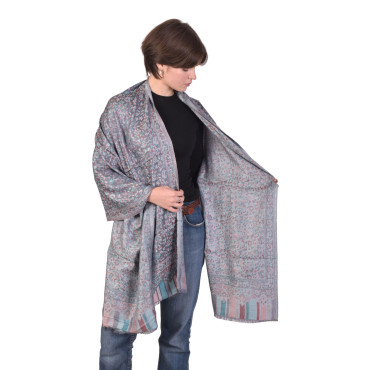 Velká šála s květinovým a paisley vzorem, s třásněmi, šedá, 75x205cm