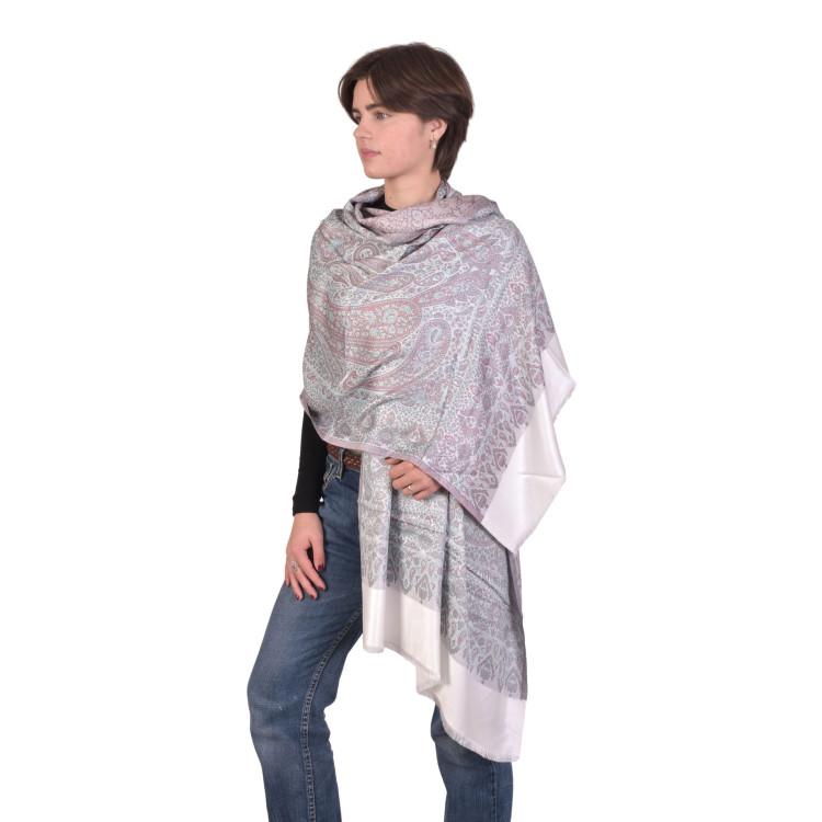 Velká šála s paisley vzorem a třásněmi, bílá, 75x205cm